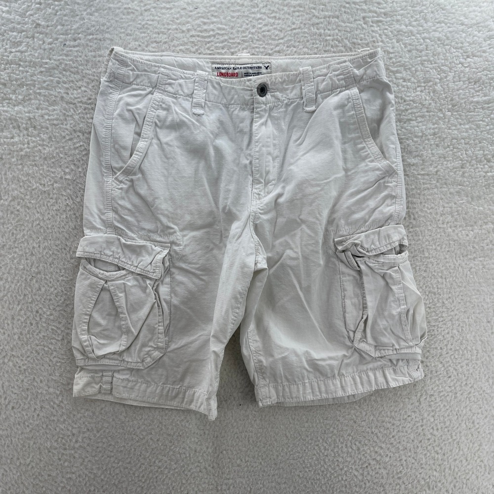 American Eagle Cargo Shorts Men 34 White Longboard Utility Baggy Outdoor Y2K Dad